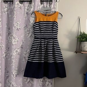 A-line navy and white striped Just Taylor dress with orange accent size 2